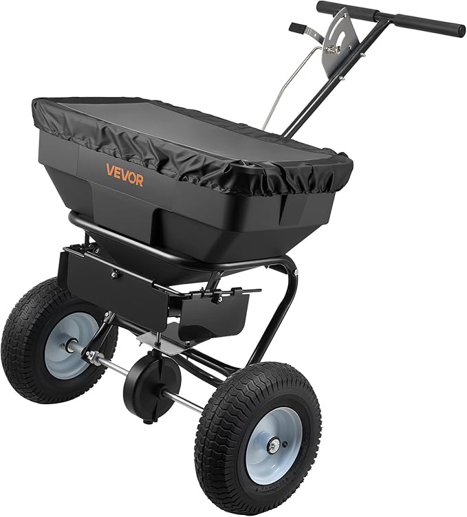 VEVOR Broadcast Spreader, 12ft Spreading Width, Push Broadcast Spreader with 13" All-Terrain Tires, Adjustable Flow Control, 130lbs Capacity Hopper, Lawn Spreaders for Fertilizer Seed Ice Melt