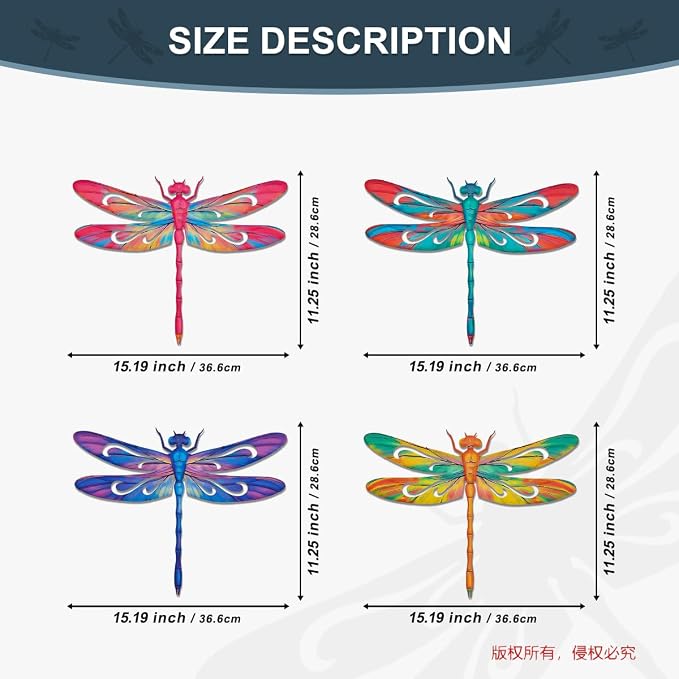 VOKPROOF Metal Dragonfly Wall Art Decor,Outdoor Fence Decor for Patio Yard Garden, Hanging Decorations for Living Room, Bedroom(4 Pack)