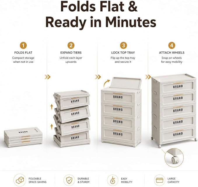 Foldable Storage Cabinet with Doors & Locking Wheels, 5-Tier Large-Capacity Organizer, No-Tool Setup, Impact-Resistant ABS Construction for Dorm, Pantry, Laundry, and Living Spaces