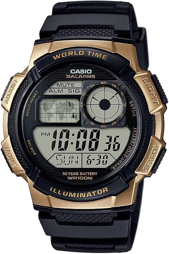 Casio AE1000W Series | Men’s Digital Watch | 100M WR | Multi Alarms | 100 SEC Stopwatch | Countdown Timer | World Map for World Time | LED Light | LC Analog Display | 10 Year Battery