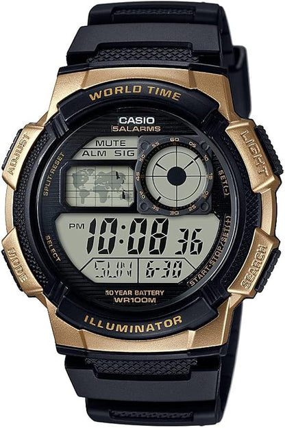 Casio AE1000W Series | Men’s Digital Watch | 100M WR | Multi Alarms | 100 SEC Stopwatch | Countdown Timer | World Map for World Time | LED Light | LC Analog Display | 10 Year Battery