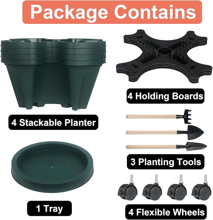 GameXcel Vertical Planter Tower - 4 Tier Stackable Garden Planters with Wheels and Tools Plant Pots for Strawberry Herb Flower and Vegetable Indoor Outdoor Use Green