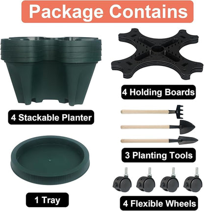 GameXcel Vertical Planter Tower - 4 Tier Stackable Garden Planters with Wheels and Tools Plant Pots for Strawberry Herb Flower and Vegetable Indoor Outdoor Use Green