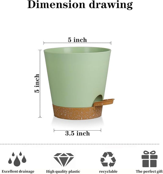 5 Pack 5 Inch African Violet Pots Self Watering, Self-Watering Planters with Drainage Holes & Reservoir, Green Brown Plastic Pots for Indoor Outdoor Plants, Succulents & Flowers