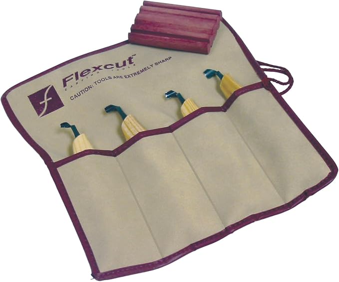 Flexcut Wood Carving Tools | Right-Handed Scorp Set of 4 | Razor-Sharp 1095 High Carbon Steel Blades | 4-Pocket Tool Roll Included | KN150 | Made in the U.S.A.