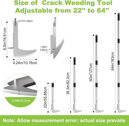 Crack Weeder Crevice Weeding Tool with 22'' to 64'' Adjustable Long Handle | Stainless Steel, L-Shaped Manual Weed Puller Spatula, Weed Remover Gardening Tool for Sidewalks Driveways Patio Pavers Rocks
