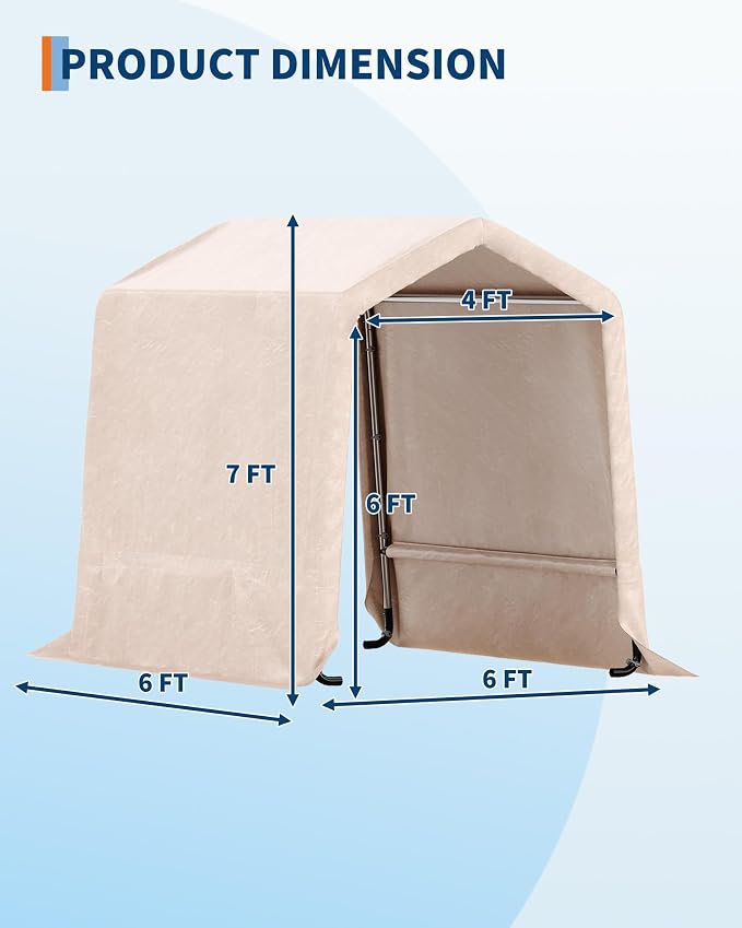 6x6FT Outdoor Portable Storage Shed with Roll-Up Door & Vent, 240G Heavy-Duty Shelter Waterproof PE Tarp, UV-Resistant Storage Sheds for Motorcycle, Firewood, Garden and Tools, Gray (Khaki, 6x6FT)