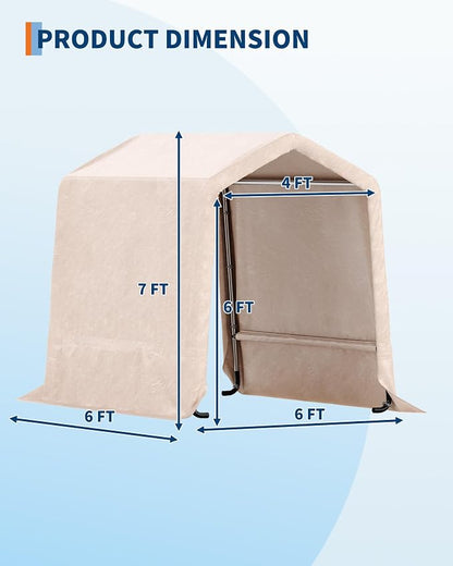 GarveeLife 6x6 ft Outdoor Portable Storage Shed with Roll-Up Door & Vent, 240G Heavy-Duty Shelter Waterproof PE Tarp, UV-Resistant Storage Sheds for Motorcycle, Firewood, Garden and Tools -Khaki