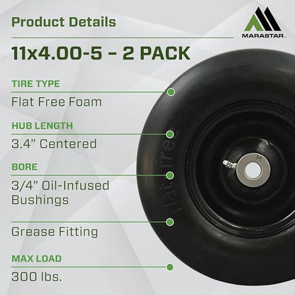 MARASTAR 00232-2PK Universal Fit Flat-Free 11x4.00-5 Tire and Wheel Assembly, Zero Turn Lawn Mower Replacement Tires, Smooth Tread, Adapter Kit included, 2 pack