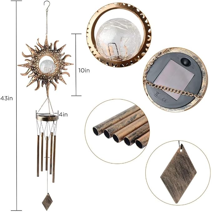 Solar Sun Wind Chimes for Outside Unique Gardening Gifts for Women Mom Grandma Crackle Glass Ball LED Wind Chimes Solar Lights Outdoor Decor Decorative Light for Garden Patio Yard Porch