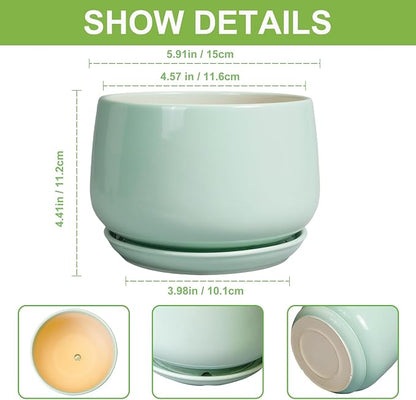 G EPGardening Ceramic Plant Pots - 6 Inch Pot for Plants, Ceramic Planter with Drainage and Saucer, Flower Indoor Outdoor Planter, Modern Bathroom Decor, Birthday Gifts, Green