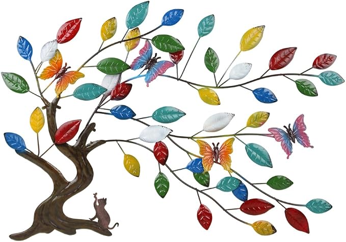 dreamskip Tree of Life Metal Wall Art, 23" Outdoor Large Tree Wall Sculpture with Colorful Leaves and Butteflies, Metal Outdoor Garden Decor for Patio, Fence, Yard, Living Room, Bedroom