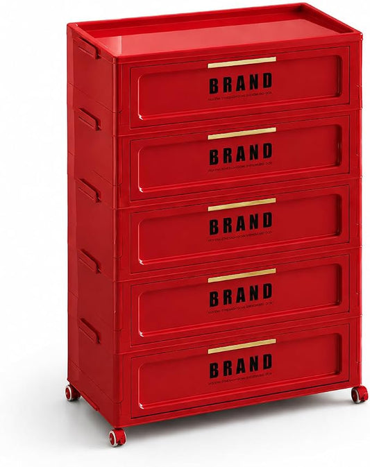 Foldable Storage Cabinet with Doors & Locking Wheels, 5-Tier Large-Capacity Organizer, No-Tool Setup, Impact-Resistant ABS Construction for Dorm, Pantry, Laundry, and Living Spaces
