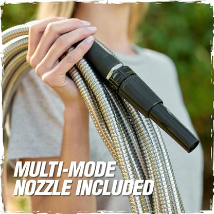RUGGED RHINO Metal Garden Hose with Spray Nozzle, 75FT, 304 Stainless Steel, 750 PSI Burst Strength, Heavy Duty Flexible Water Hose, Kink Resistant, Leakproof for Yard, Lawn and Outdoor Use, Silver
