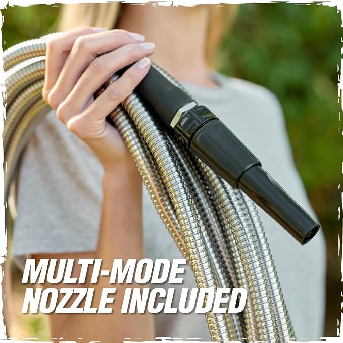 RUGGED RHINO Metal Garden Hose with Spray Nozzle, 304 Stainless Steel, 750 PSI Burst Strength, Heavy Duty Flexible Water Hose, Kink Resistant, Leakproof for Yard, Lawn and Outdoor Use, Silver 25FT