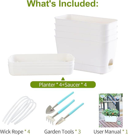 Oliz Self Watering Planters: 4 Packs Rectangular Plant Pots with with Drainage and Tray, 10 Inch Window Pot Self Watering Planter for Herb, Houseplants
