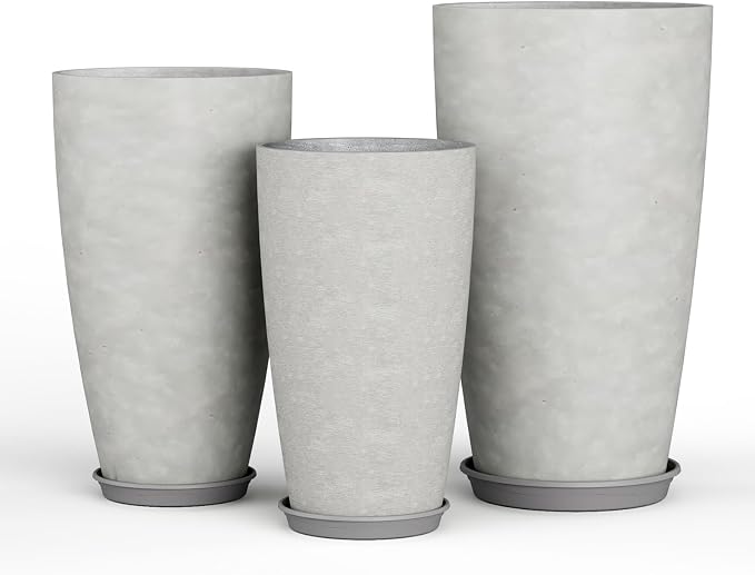 QCQHDU 24, 21, 18 inch Tall Planters for Outdoor Plants, with Drainage Hole & Saucer, Set of 3 Tall Outdoor Planter for Indoor & Outdoor Plants, Modern Home Decor