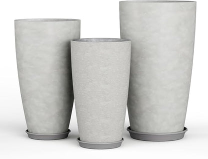 QCQHDU 24, 21, 18 inch Tall Planters for Outdoor Plants, with Drainage Hole & Saucer, Set of 3 Tall Outdoor Planter for Indoor & Outdoor Plants, Modern Home Decor
