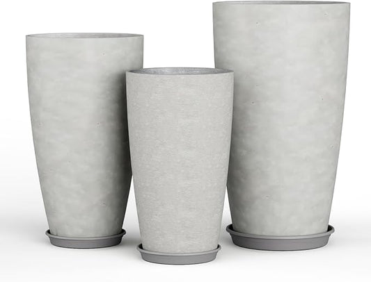 QCQHDU 24, 21, 18 inch Tall Planters for Outdoor Plants, with Drainage Hole & Saucer, Set of 3 Tall Outdoor Planter for Indoor & Outdoor Plants, Modern Home Decor