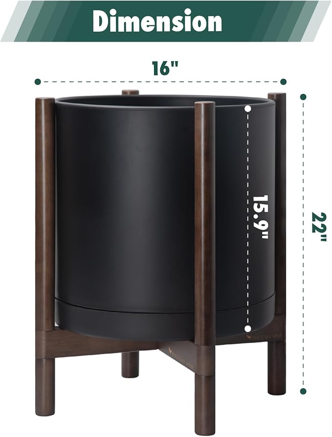 D'vine Dev Plastic Pot with Walnut Wood Stand, Black, 16 in, 55-C-X-2 | Mid-Century Inspired Design, Elevated Plant Display, Clean Lines, Sturdy Support, Modern Space-Saving Style