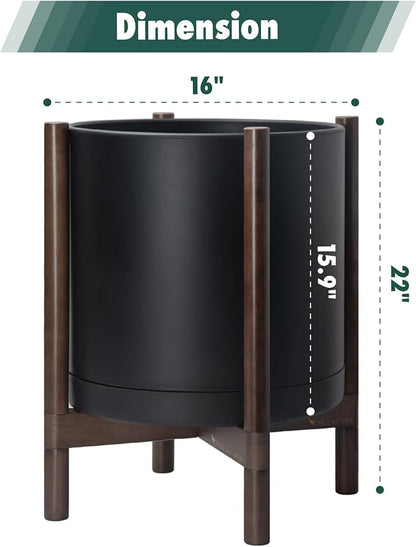 D'vine Dev Plastic Pot with Walnut Wood Stand, Black, 16 in, 55-C-X-2 | Mid-Century Inspired Design, Elevated Plant Display, Clean Lines, Sturdy Support, Modern Space-Saving Style