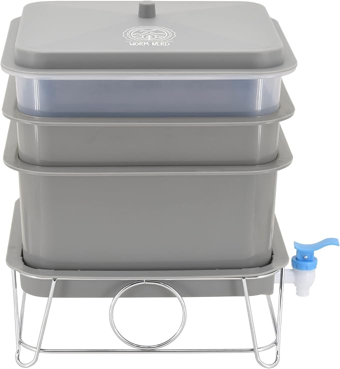 Worm Nerd WN54 4-Tray Worm Composting Bin Kit with Coco Coir Brick for Recycling Food Waste, Worm Castings, Worm Tea, Vermiculture and Vermicomposting