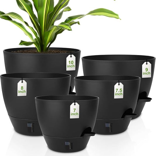 QRRICA Plant Pots 10/9/8/7.5/7 Inch Self Watering Pots, with Drainage Holes and Saucers,Water Level Indicator & Deep Reservoir,Large Plastic Planter for Indoor Out Door Plants (Pure Black)