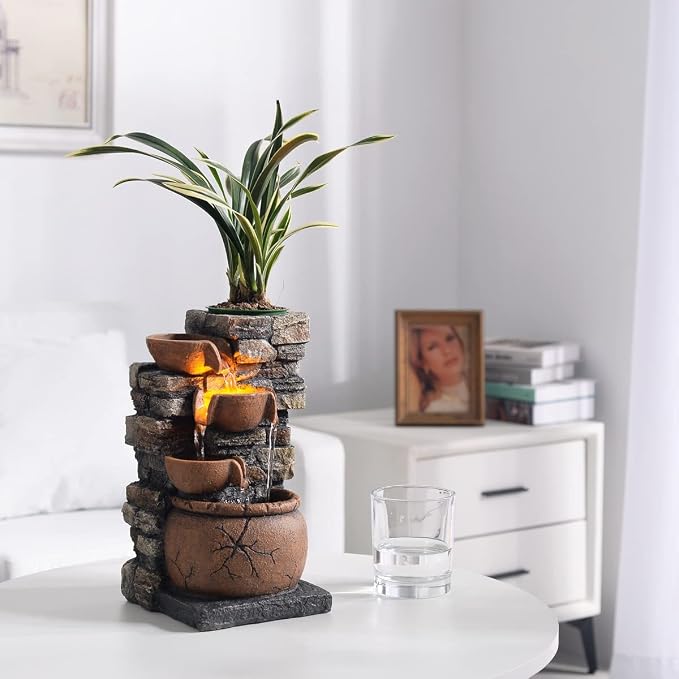Indoor Fountain 4-Bowl Rockery Soothing Sound Tabletop Fountains Home/Office Decor with a Small Plastic Pot to Grow The Plant by Yourself(Automatic Watering)(23001)