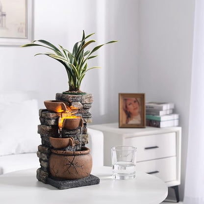 Indoor Fountain 4-Bowl Rockery Soothing Sound Tabletop Fountains Home/Office Decor with a Small Plastic Pot to Grow The Plant by Yourself(Automatic Watering)(23001)