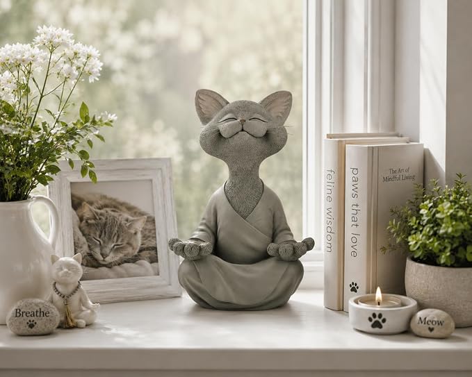 12" Whimsical Happy Cat Buddha Statue – Indoor Outdoor Zen Cat Decor
