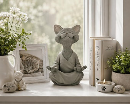 12" Whimsical Happy Cat Buddha Statue – Indoor Outdoor Zen Cat Decor