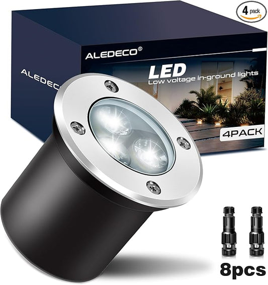 4Pack 3W Low Voltage Landscape Lights with Connectors 12-24V LED In-Ground Lights IP67 Waterproof Garden Lighting 6500K Outdoor Well Light for Yard Pathway Driveway Deck (Cool White)