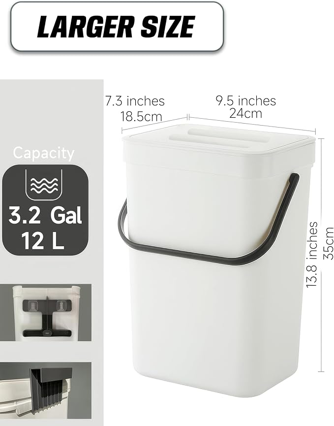 Kitchen Compost Bin - 3.2 Gallons Hanging Trash Can with Lid for Kitchen Bathroom, Under Sink Trash Can, Outdoor Compost Bucket with Lid, 12L(White)