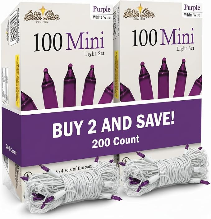 Brite Star 100 Count Mini String Christmas Lights, Purple - 22 feet Indoor/Outdoor Christmas Tree Lights with White Wire (Set of 2)