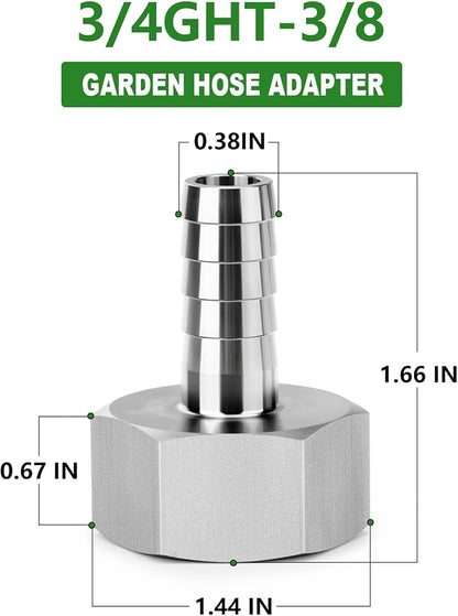 TAISHER 1PCS 304 Stainless Steel Garden Hose Repair Connector, 3/8" Barb x 3/4" GHT Female Garden Hose Adapter with Hose Clamps