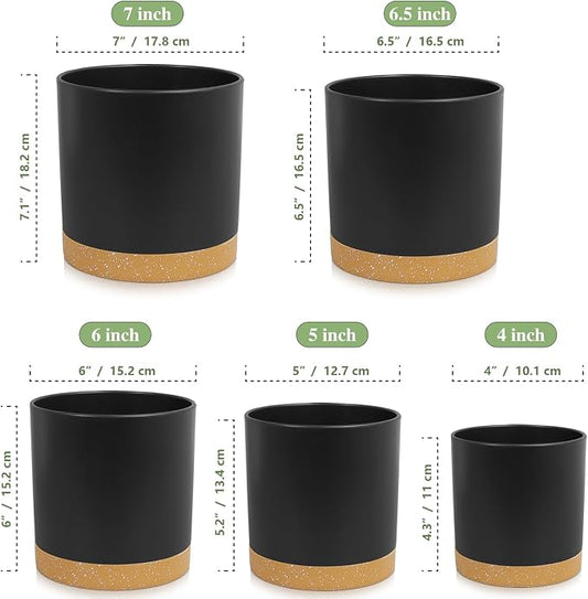 WSMKSZ 5 Pack Cylindrical Flower Pots with 7/6.5/6/5/4 inch, Modern Small Plastic Plant Pots with Drainage Holes & Saucers, Round Planter Pots for Outdoor, Indoor & Office Decor (Black Brown)