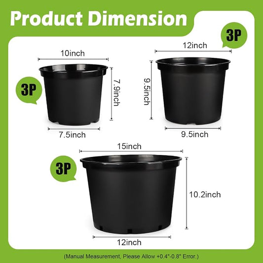RooTrimmer 7 5 3 Gallon Nursery Pots 9 Pack Set, Plastic Planter with Drainage Holes – Round, Sturdy, Deep Design for Indoor/Outdoor Plants