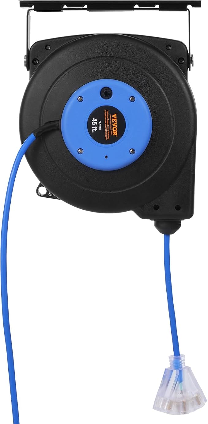 VEVOR Retractable Extension Cord Reel, 45 FT, Heavy Duty 12AWG/3C SJTOW Extension Power Cord with Lighted Triple Tap Outlet, 15A Circuit Breaker 180° Swivel Bracket for Ceiling or Wall Mount, Blue