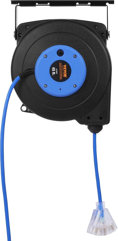 VEVOR Retractable Extension Cord Reel, 45 FT, Heavy Duty 12AWG/3C SJTOW Extension Power Cord with Lighted Triple Tap Outlet, 15A Circuit Breaker 180° Swivel Bracket for Ceiling or Wall Mount, Blue
