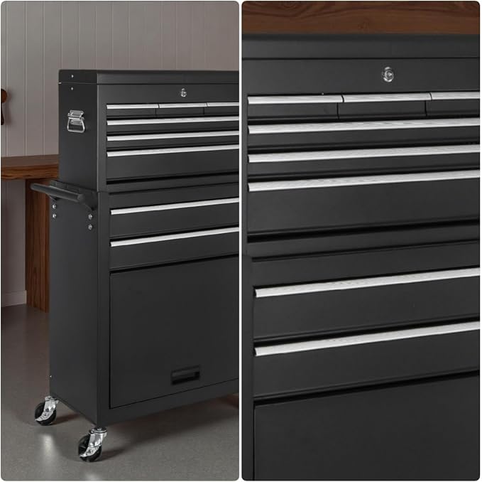 Tool Chest, 8-Drawers Rolling Tool Storage Cabinet with 2-in-1 Detachable Tool Box, Side Hooks, Liner, Lockable Wheels, Multifunctional Metal Tool Cart for Garage Warehouse, Black