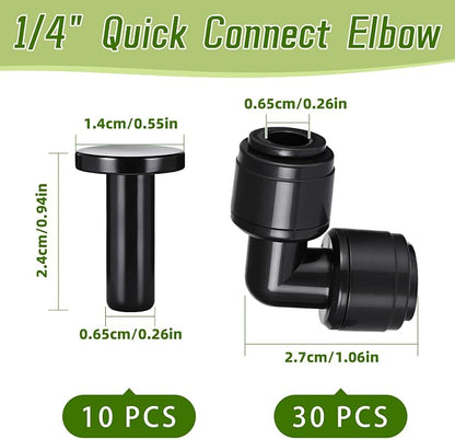 30 PCS Quick Connect 1/4" Drip Irrigation Elbow Fitting, Push-to-Connect Drip Irrigation Elbow Connectors for 1/4 Inch Tubing with 10PCS End Plugs,Hose Connectors for Garden Irrigation System