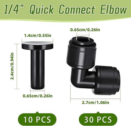 30 PCS Quick Connect 1/4" Drip Irrigation Elbow Fitting, Push-to-Connect Drip Irrigation Elbow Connectors for 1/4 Inch Tubing with 10PCS End Plugs,Hose Connectors for Garden Irrigation System
