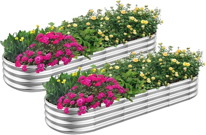 RAYKEEP 2pcs 7x2x1FT Raised Garden Beds Outdoor Kit, Galvanized Oval Planter Box, Metal Bottomless Elevated Garden Boxes Set for Planting Vegetables, Fruits, Flowers