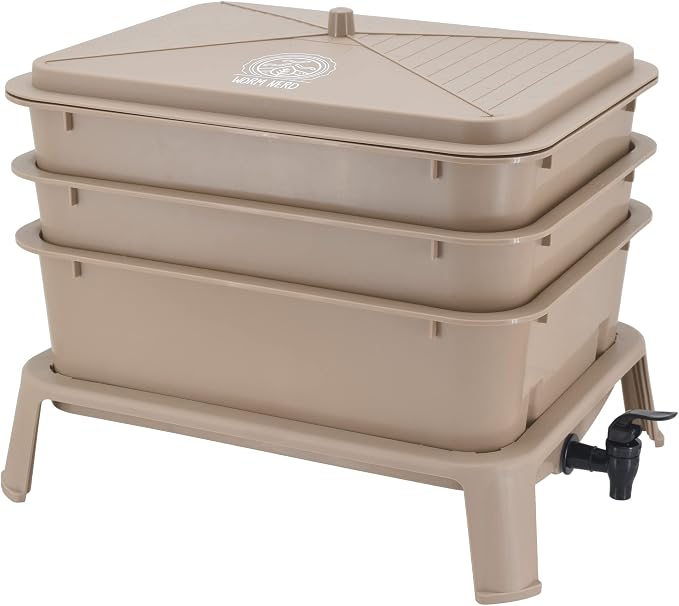 Worm Nerd WN53 4-Tray Worm Composting Bin Kit with Coco Coir Brick for Recycling Food Waste, Worm Castings, Worm Tea, Vermiculture and Vermicomposting, Tan