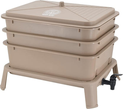 Worm Nerd WN53 4-Tray Worm Composting Bin Kit with Coco Coir Brick for Recycling Food Waste, Worm Castings, Worm Tea, Vermiculture and Vermicomposting, Tan