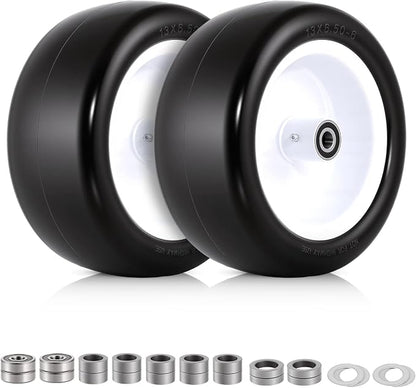 13x6.50-6 Flat Free Lawn Mower Tires and Wheels, 1/2" 3/4" 5/8" Ball Bearings, 13x6.5-6 Solid Front Tire for Zero Turn Lawnmower, Smooth Tires for Commercial Grade Lawn, 5.5"-7.5" Centered Hub, 2 Pack
