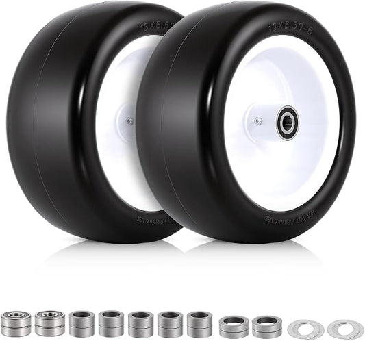 13x6.50-6 Flat Free Lawn Mower Tires and Wheels, 1/2" 3/4" 5/8" Ball Bearings, 13x6.5-6 Solid Front Tire for Zero Turn Lawnmower, Smooth Tires for Commercial Grade Lawn, 5.5"-7.5" Centered Hub, 2 Pack