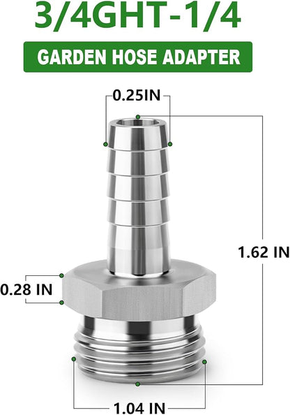 TAISHER 2PCS 304 Stainless Steel Garden Hose Repair Connector, 1/4" Barb x 3/4" GHT Male Garden Hose Adapter with Hose Clamps