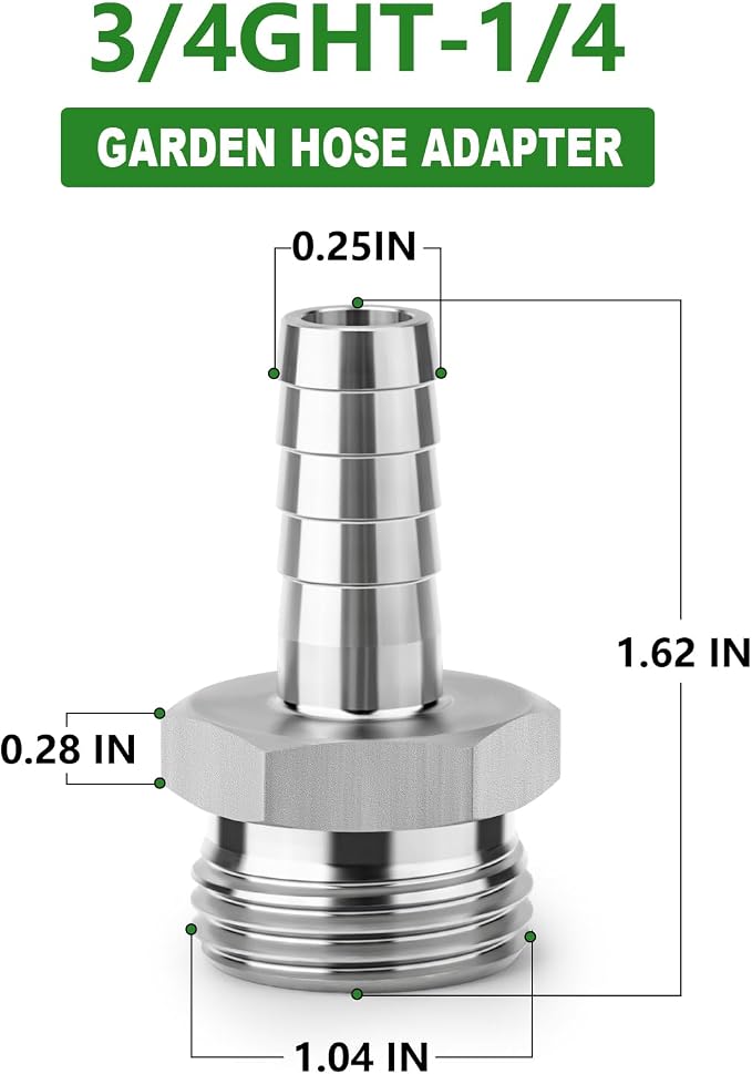 TAISHER 1PCS 304 Stainless Steel Garden Hose Barb Connector, 1/4" x 3/4" GHT Male, Hose Clamps