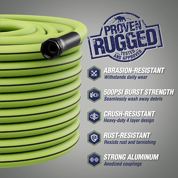 RUGGED RHINO Heavy Duty Garden Hose 100ft x 5/8in, Anti-Kink and Leakproof, Durable 4-Layer Construction, 500 PSI Burst, All Weather Outdoor Watering for Lawn, Garden, Flowers, Green and Black